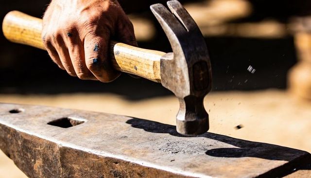 Blacksmith striking claw hammer on anvil closeup with flying sparks and strong grip