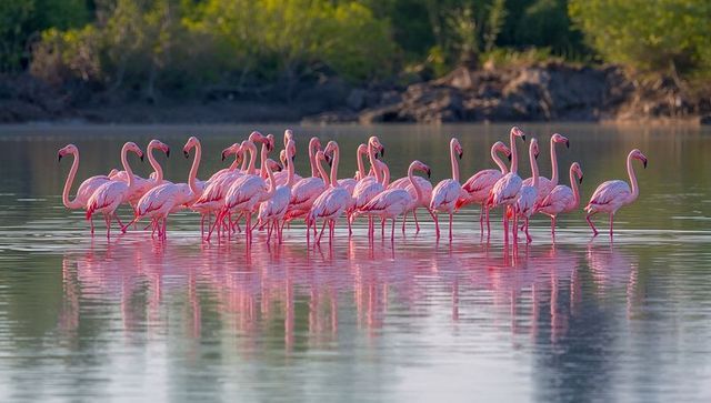 Wading pink flamingo flock creating mirror reflections in calm coastal lagoon