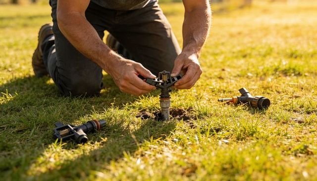 Adjusting lawn sprinkler head on riser while installing rotary irrigation system in sunny yard