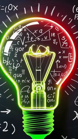 Vertical neon lightbulb video showing red and green glow over chalkboard full of formulas