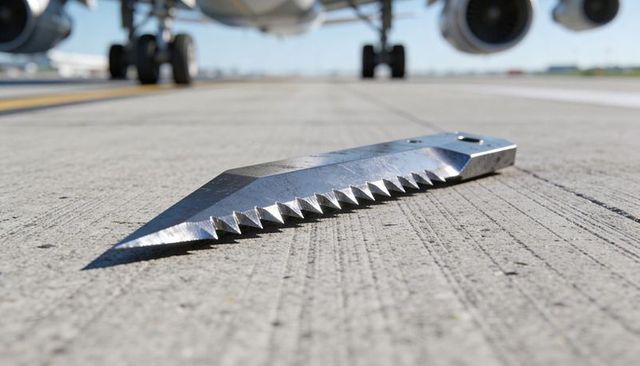 Serrated metal blade lying on runway near jet landing gear suggesting fod hazard