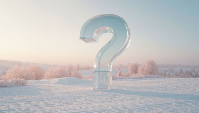 Glass Question Mark Sculpture in Snowy Winter Landscape at Sunrise