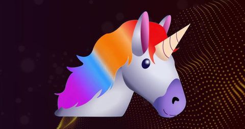 Vibrant neon unicorn head with rainbow mane and glowing horn on abstract digital backdrop