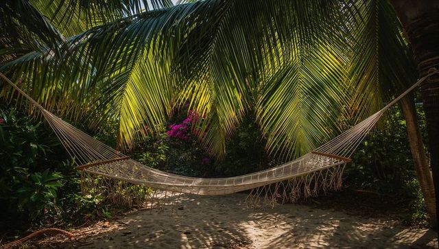 Hammock Swinging Between Palm Fronds in Lush Tropical Oasis