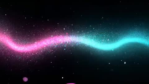 Flowing neon ribbon drifting across cosmic void with pink cyan sparkling particles