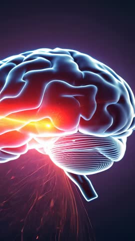 Vertical video: Sweeping red-orange neural signal illuminating 3D brain with glowing sparks