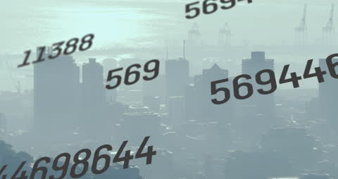 Digital Numbers and Cityscape: Technology and Data Visualization Concept