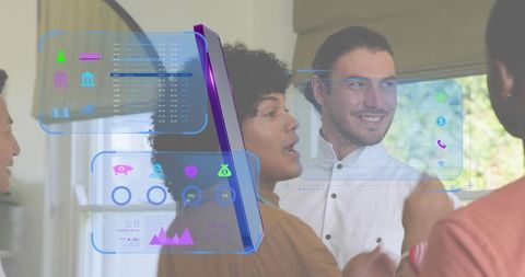 Team Collaborating Over Holographic Data Panels With Vertical Tablet in Home Office