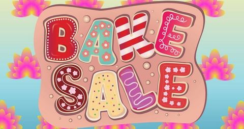 Colorful bake sale banner with retro design and flower accents