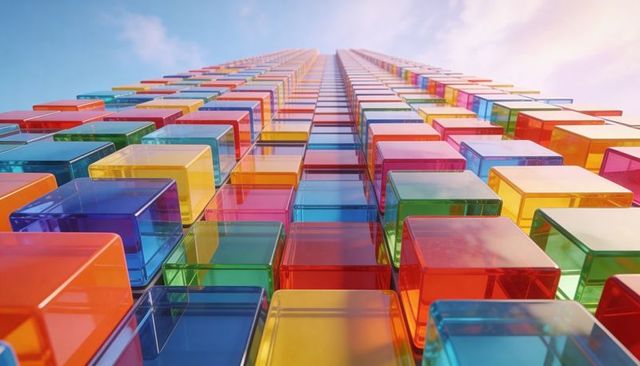 Soaring tower of translucent multicolor glass cubes creating geometric vertical perspective
