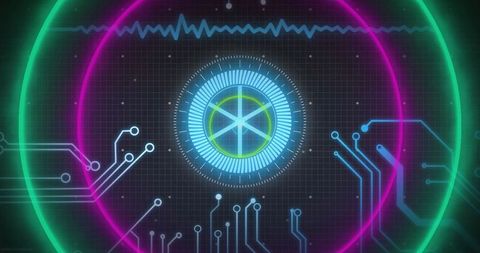 futuristic digital interface with neon rings and cyan waveform - Download Free Stock Images Pikwizard.com
