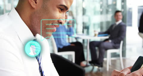 Smiling Businessman Using Smartphone with Digital Communication Icons