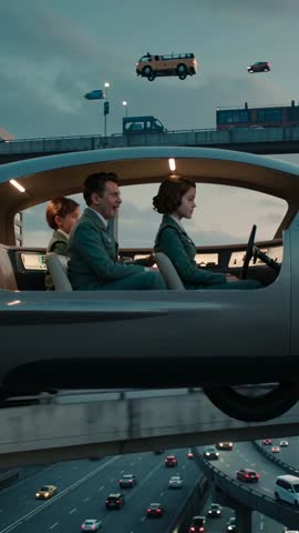 Corporate hovercar commuting over multilane highway with suited crew in futuristic pod