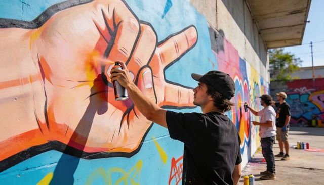 Street artist spraying vibrant hand mural on urban concrete wall underpass
