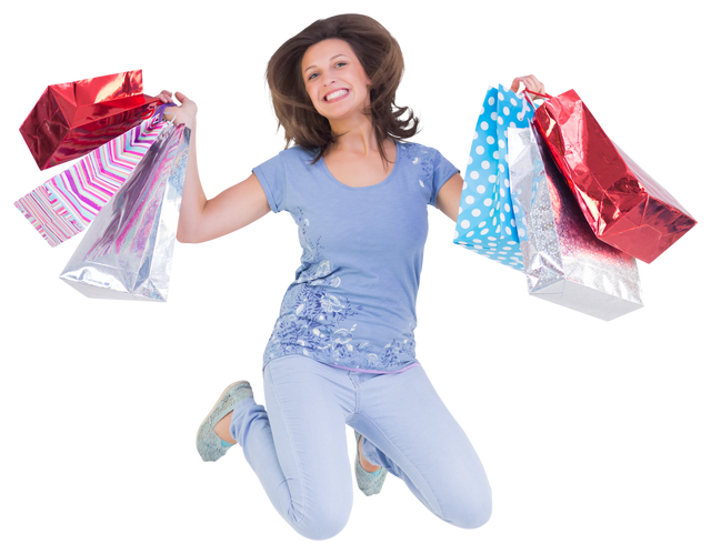 Woman jumping happily with colorful shopping bags on transparent background - Download Free Stock Videos Pikwizard.com