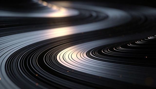 Silvery concentric grooves abstract macro texture featuring curving metallic rings