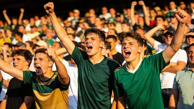 Three young fans cheering and pumping fists in packed sunlit stadium stands