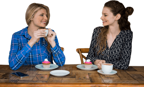 Women Enjoying Coffee and Cupcakes on Transparent Background