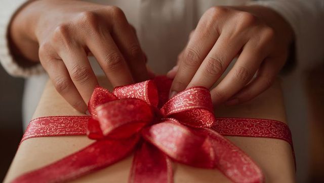 Close-up of hands tying ribbon on gift box in elegant red theme