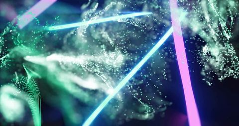 Neon Particle Mesh and Glowing Beams Swirling in Cyan Teal Blue and Magenta Abstract Glow
