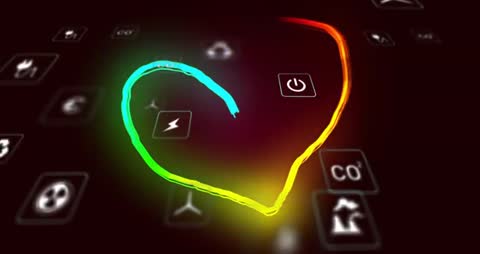 Glowing Neon Ribbon Drawing Heart Over Eco Icons Highlighting Recycle Symbol on Digital Grid