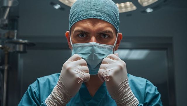 Surgeon adjusting surgical mask in operating room showing focus and readiness