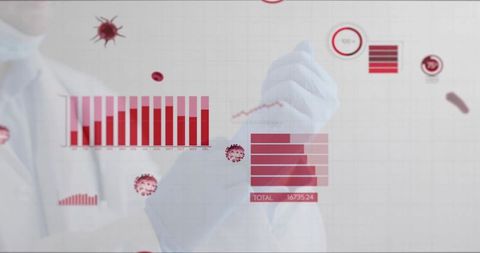 Doctor interacting with futuristic medical hud displaying virus analytics, bar charts