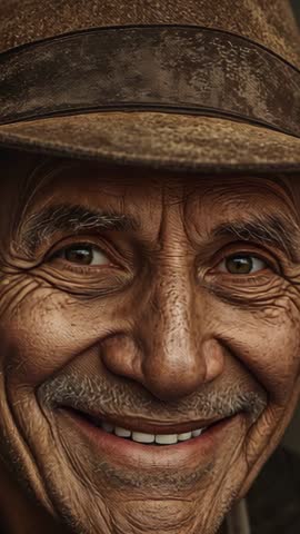 Smiling elder man in brown fedora shifting to broad grin close-up vertical video warmth kindness