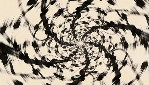 Swirling ink vortex on cream canvas, radial brush strokes creating hypnotic spiral pattern