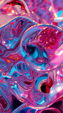 Vertical video zooming through neon chrome folds revealing fluid cyberpunk metallic forms