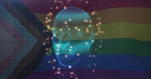 Cyan Wireframe Human Head Over Rainbow Pride Flag Data Grid Visualizing Identity and AI