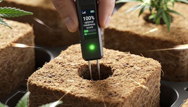 Inserting digital moisture probe into coco-coir cube showing 100% readiness for propagation