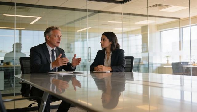 Senior executive and associate discussing strategy in glass boardroom with polished table