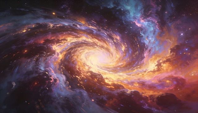 Glowing spiral nebula radiating golden light, swirling cosmic vortex gas and starfields