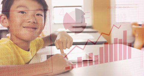 Child using tablet in classroom with data visualization