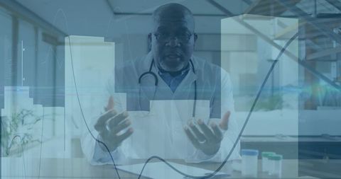 Senior doctor explaining care with data charts overlay, telemedicine consultation in clinic office