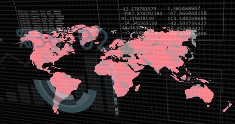 Neon pink world map visualizing global analytics on dark grid dashboard with radar