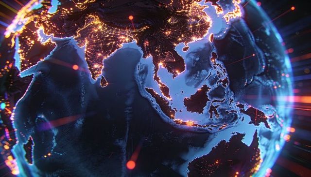 Neon Network Globe Highlighting South Asia and Australia with Glowing City Lights