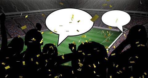 Sports Fans Cheering with Confetti and Speech Bubbles in Stadium