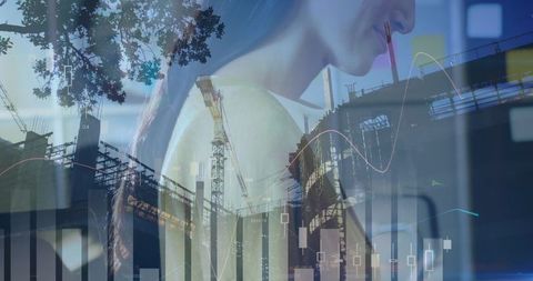 Businesswoman overseeing global financial growth and data analytics