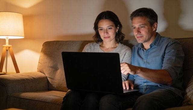 Couple browsing laptop on couch at night planning travel and finances with warm lamp light
