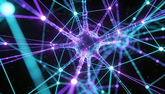 Glowing neon neural mesh connecting synapses and data nodes in futuristic network