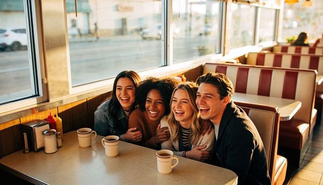 Laughing friends sharing coffee in sunlit retro diner booth, cozy casual gathering