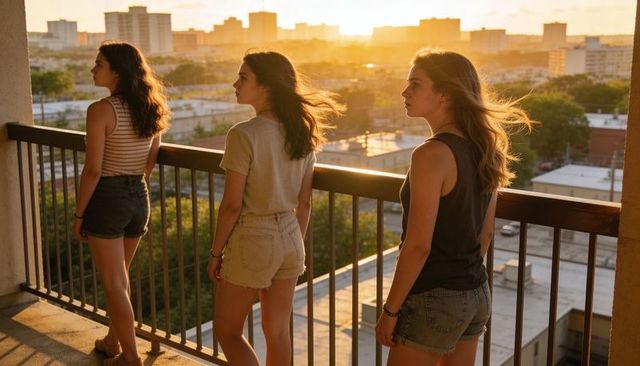Three young women leaning on high-rise balcony at golden hour overlooking city skyline