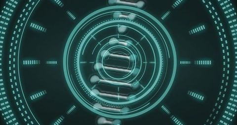 Futuristic holographic hud interface with rotating concentric rings and neon teal scan