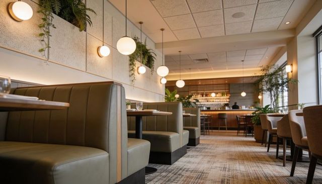Modern olive booth restaurant interior featuring pendant globes, bar and indoor plants