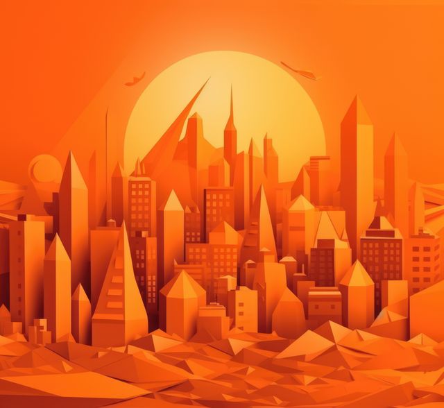Origami cityscape with sunset on orange background, created using generative ai technology. Cityscape, origami art and architecture concept digitally generated image.