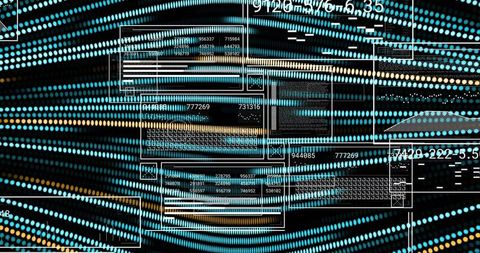 Neon turquoise data wave dashboard flowing with floating ui panels and numeric glyphs