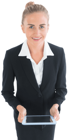 Transparent Businesswoman in Suit Holding Tablet Smiling