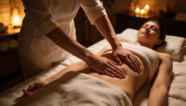 Receiving abdominal massage from therapist on spa table with candles and soft towels